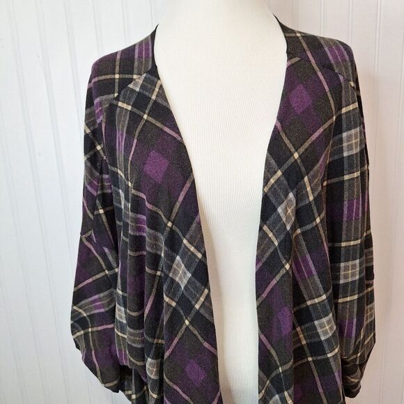 Plus Size ?? Batwing Dolman Sleeve Open Front Cardigan Topper Purple Black Plaid - Picture 3 of 5